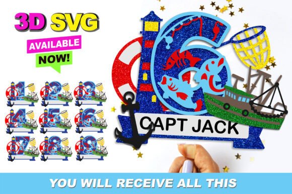 Fishing Party Numbers Topper 3D SVG for Shapes